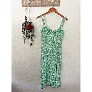 Cotton Candy LA Green Floral Midi Dress Side Slit Rutched Strap Cottagecore S